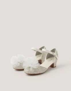 Tulle Pom Glitter Closed Toe Heels Silver