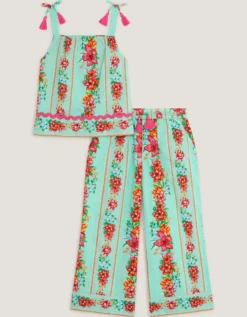 Vintage Floral Tank Top & Trousers Set Blue