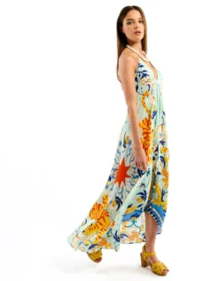 Wild Voila Tiger Print Backless Maxi Dress Blue
