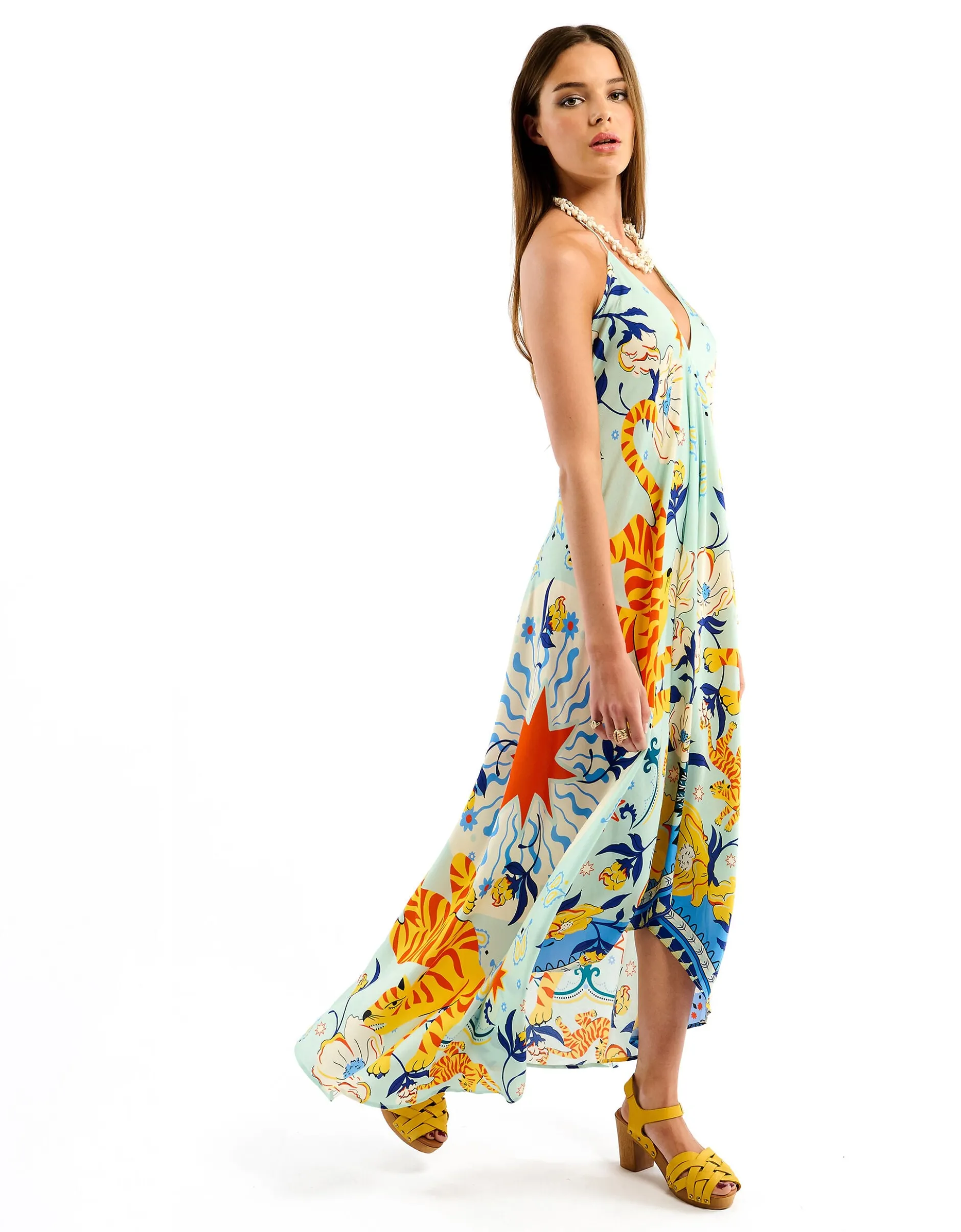 Wild Voila Tiger Print Backless Maxi Dress Blue