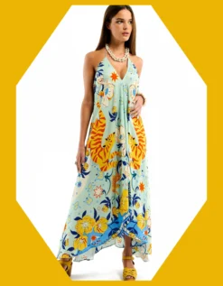 Wild Voila Tiger Print Backless Maxi Dress Blue